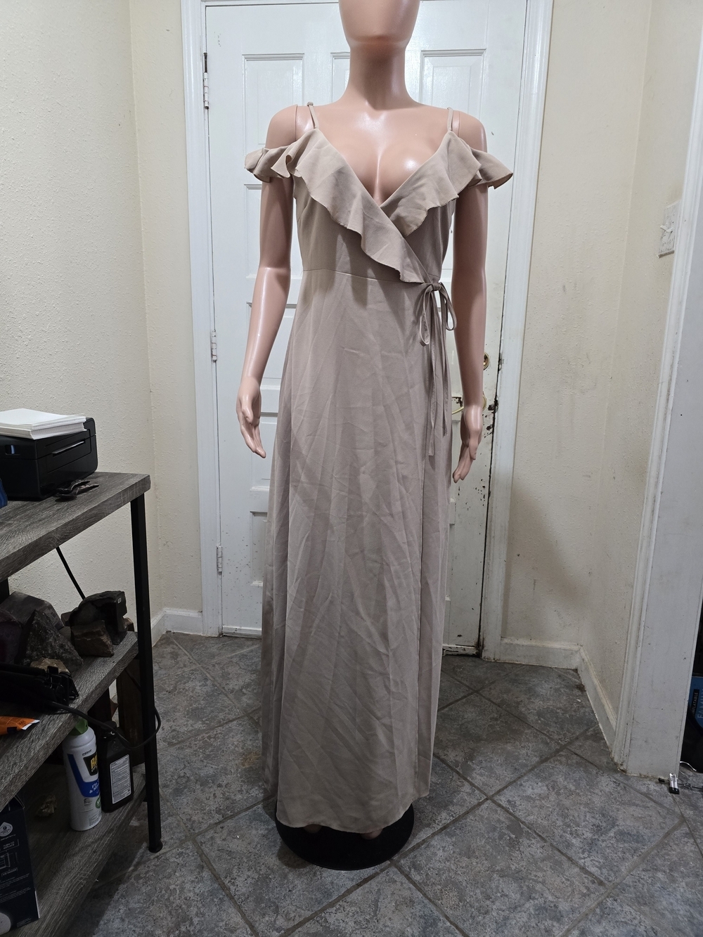 Glamorous Beige Cold-Shoulder Ruffle Wrap Maxi Dress